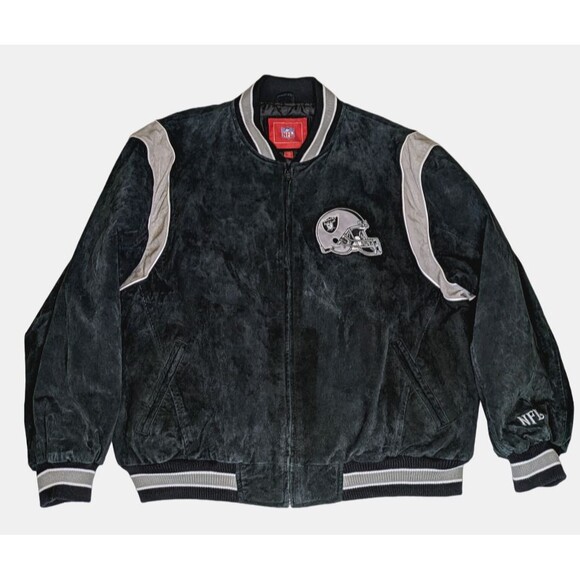 Vintage Oakland LA Raiders Mens 2XL Suede Leather Varsity Jacket Black Insulated - Picture 2 of 14
